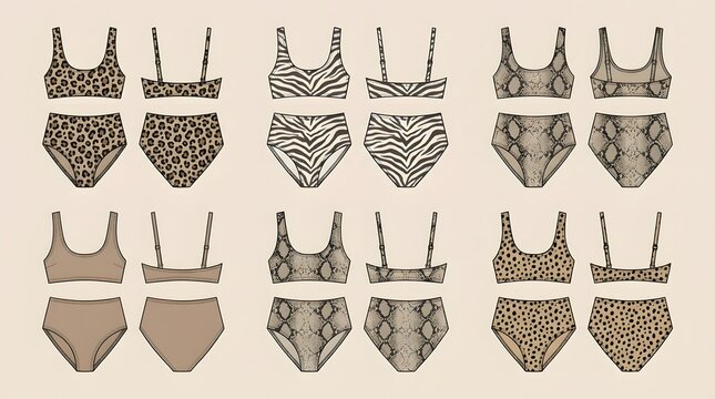 Animal Print Swimwear Front Back Flat Sketch Vector Set