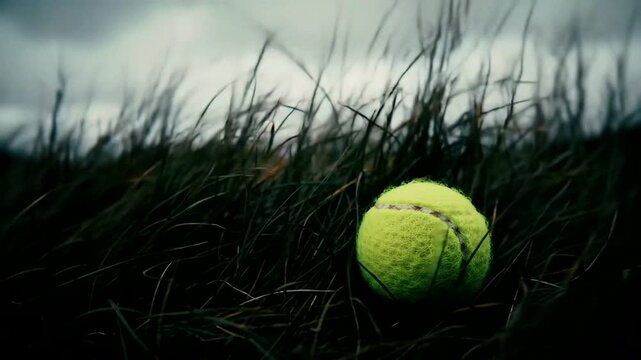 Neon tennis ball lies in dewy grass at dusk, blurred background creating a moody sports mood