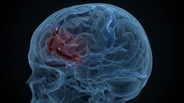 Human brain anatomy showing tissue damage for medical education on macrophage fibroblast signaling pathways