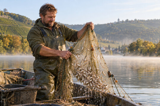 Fischer zieht Meefischli-Netz am Main &ndash; Ein Fischer hebt den Fang mit vielen kleinen Fischen aus dem Wasser, vor Weinbergen und einer idyllischen fr&auml;nkischen Flusslandschaft.