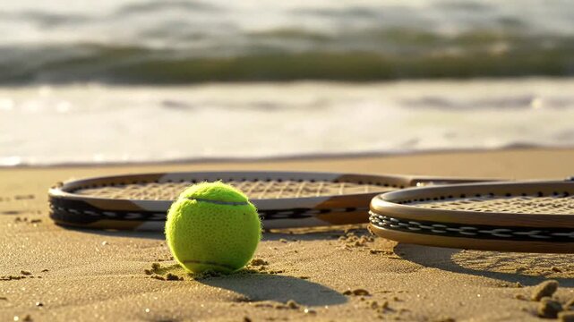 Green tennis ball on sunny sand near tennis rackets by the beach, suggesting training and outdoor sport