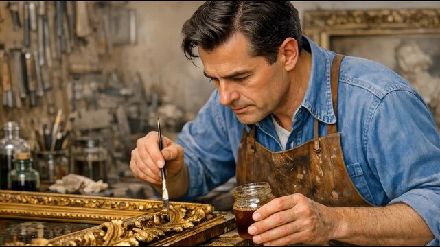 A person working on a picture frame in a workshop setting