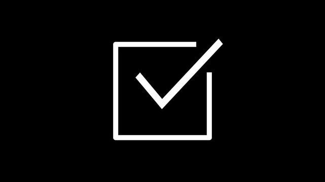 Minimalist checkmark animation: white square box with animated tick symbol on black background, motion minimalist