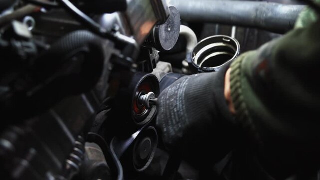 Close-up of mechanic hands unscrewing an idler pulley bolt with a star-drive ratchet wrench and removing the pulley from a car engine, serpentine belt pulley replacement, auto repair