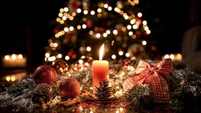 Warm Christmas candle centerpiece with red ornaments, pine cones, evergreen branches and festive bow against glowing Christmas tree bokeh lights