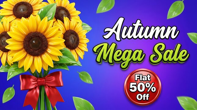 Autumn mega sale promotional banner featuring a beautiful bouquet of yellow sunflowers on a vibrant blue background