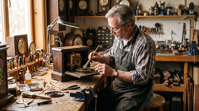 Skilled clockmaker meticulously cleans intricate gears of an antique timepiece in his workshop
