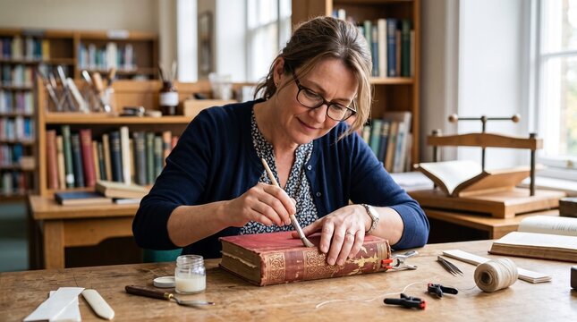 Skilled craftswoman meticulously restoring an antique leather bound book with a brush and tools in a library setting