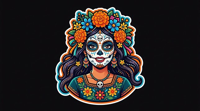 Sticker illustration of a woman wearing traditional sugar skull face makeup