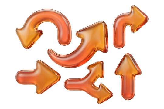 Set of glossy orange translucent glass arrows pointing in different directions, curved and split signs, navigation, direction and growth concept