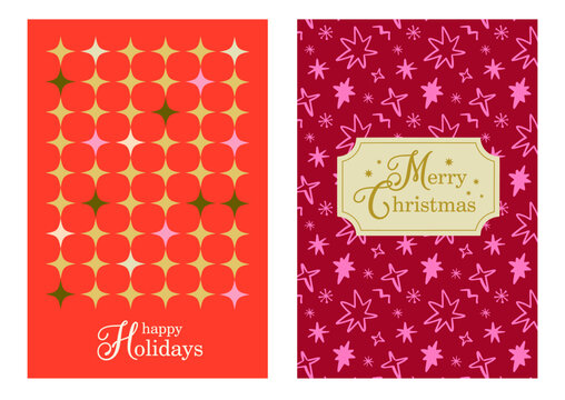 Merry Christmas and happy holidays set of vertical cards, book covers, packaging design, branding , background, seamless pattern with hand drawn stars, modern, flat vector illustration 