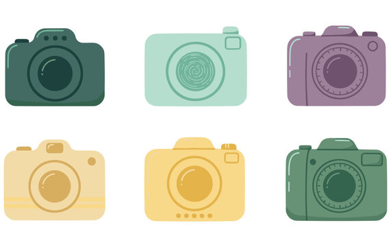 Set of six colorful flat vector illustrations of various digital cameras