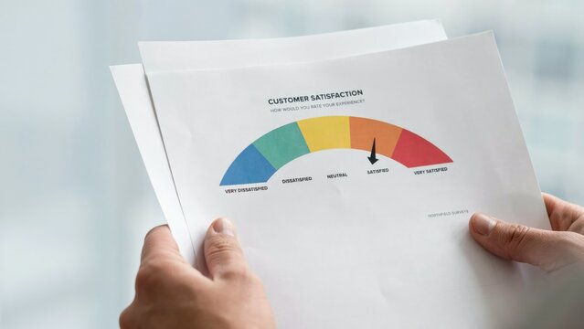 Close-up of hands holding a paper document with a colorful customer satisfaction gauge chart