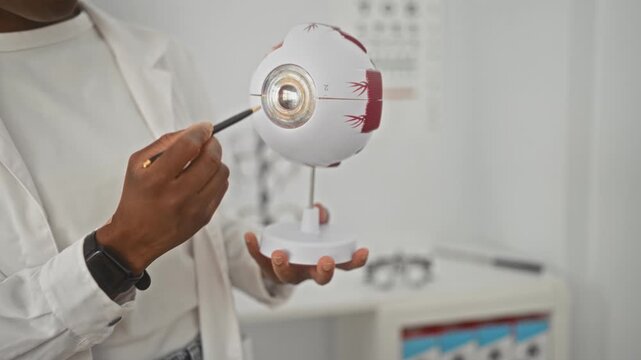 Woman optician points to cornea on an anatomical eye model with pointer in studio; patient education calm.