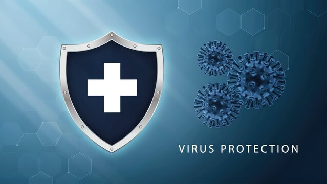 Medical shield with white cross symbol and blue virus cells on gradient background