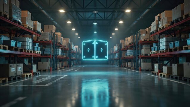 Glowing neon portal in the center of a vast industrial warehouse with storage racks