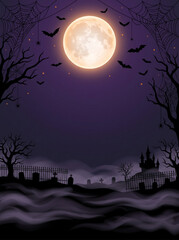 Fototapeta premium Halloween Background with Full Moon, Spooky Graveyard and Haunted Castle
