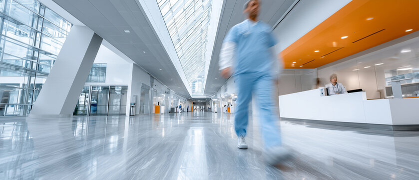 Emergency Physician Moving Through Contemporary Hospital Department for Medical Advertising Campaigns

