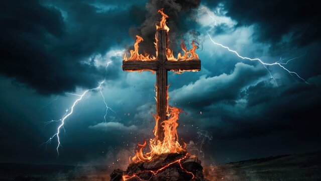Wooden christian cross engulfed in flames against a stormy sky with lightning