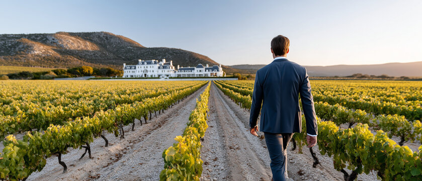 Estate Manager Walking Across Private Vineyard at Sunrise for Luxury Property Campaigns

