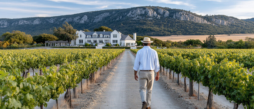 Estate Manager Walking Across Private Vineyard at Sunrise for Luxury Property Campaigns

