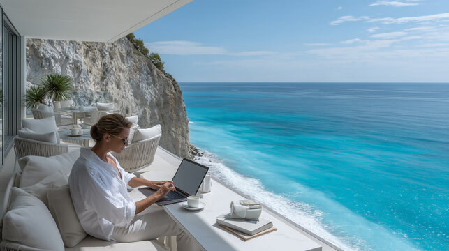 Elite Travel Advisor Reviewing Expedition Itinerary on Cliffside Terrace for Luxury Travel Campaigns

