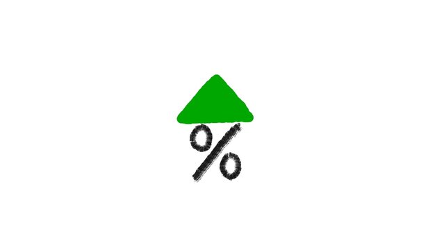 Green arrow pointing up with percent symbol representing interest rate hike, inflation, market growth, tax increase, investment success, and financial profit on white background.