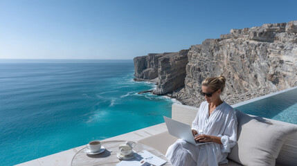 Fototapeta premium Elite Travel Advisor Reviewing Expedition Itinerary on Cliffside Terrace for Luxury Travel Campaigns