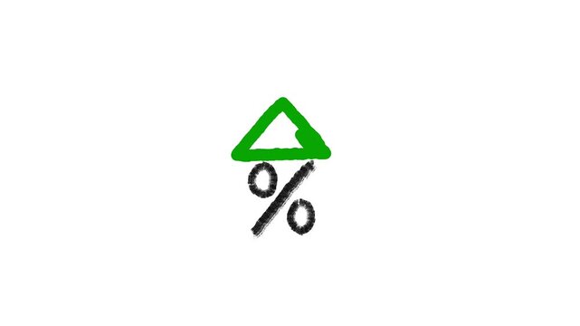 Animated percentage sign icon forming a house with a green arrow pointing up, representing real estate market growth, interest rates, mortgage cost increase, and economic investment progress on a whit
