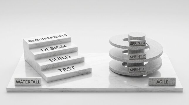 Waterfall versus Agile project methodology comparison concept showing sequential steps and iterative sprints on a white background