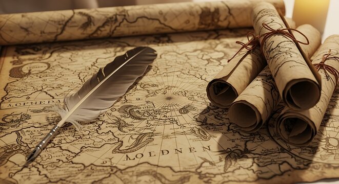 A feather quill rests upon an ancient parchment map with rolled scrolls nearby