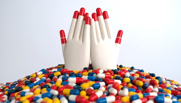 Hands with red painted fingers atop a pile of colorful medication capsules