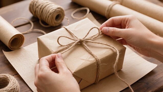 Hands tying natural twine around a kraft paper gift box surrounded by wrapping paper rolls and cord on a wooden table