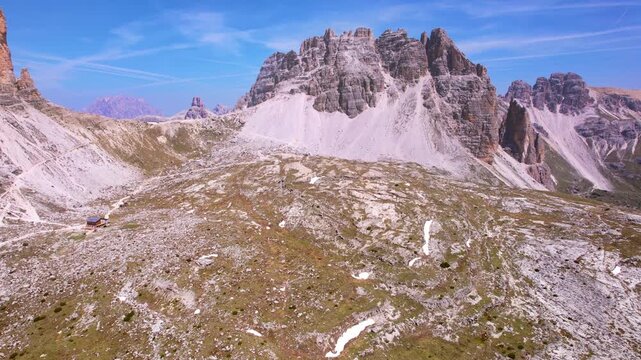 Aerial view of Dolomite mountains, the Alps, Italy (Tre Cime di Lavaredo или Drei Zinnen)Three Peaks of Lavaredo