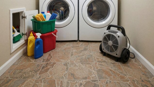 Laundry room washer dryer floor made beige tiles brown pattern left side there small window white frame door n