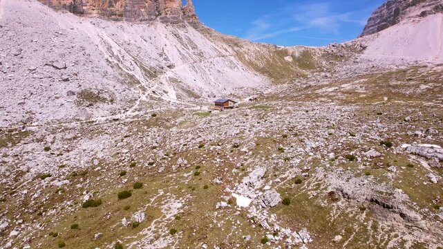 Aerial view of Dolomite mountains, the Alps, Italy (Tre Cime di Lavaredo или Drei Zinnen)Three Peaks of Lavaredo