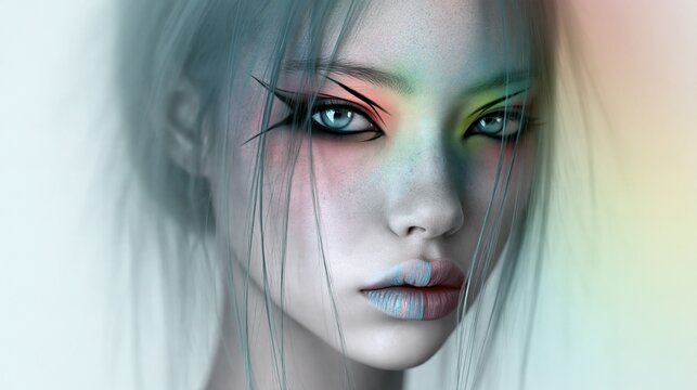 Portrait of a woman with graphic eyeliner and luminous pastel makeup in pink green and cyan tones against a hazy background Theme of ethereal beauty