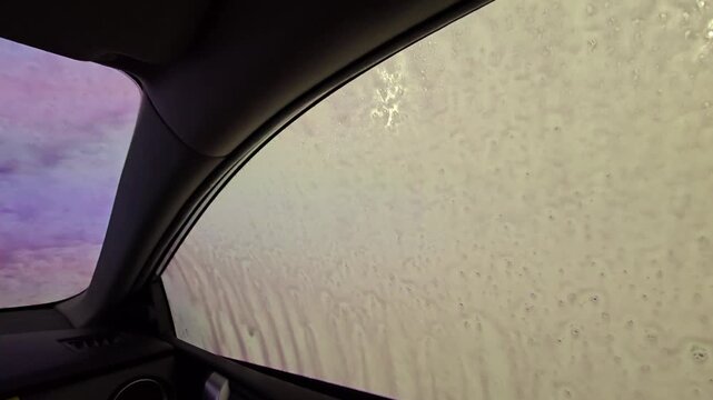 Car window washes with soapy water. Interior roof glows with artificial pink light. Wet glass reflects bright, streaky exterior. Vehicle interior dark, with soft ambient glow