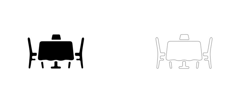 Restaurant banquet table with chairs vector icon filled and outline, event dining setup symbol.