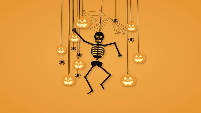 Looping Halloween animation in paper cut style. A black skeleton with glowing ribs dances on a string, surrounded by orange jack o lantern pumpkins with bright faces, spiders and spider webs.