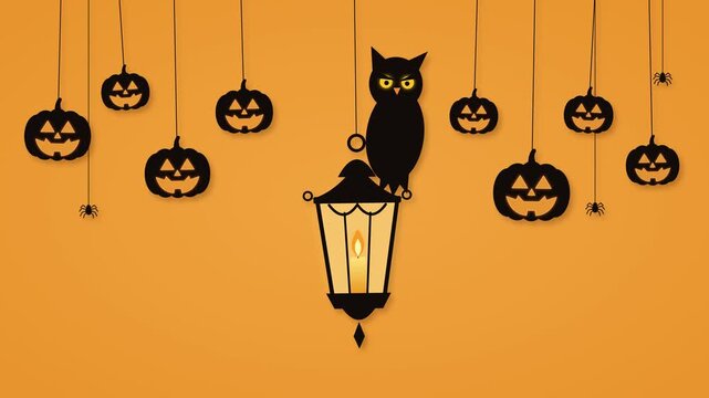 Looping Halloween animation in paper cut style. An owl with glowing eyes blinks while perched on a hanging lantern with a flickering candle, with jack o lantern pumpkins and spiders swinging.