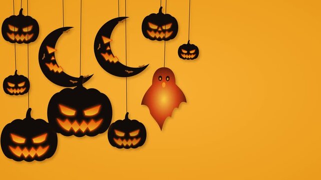 Looping Halloween animation in paper cut style. Large jack o lantern pumpkins and two crescent moons with evil faces swing on strings next to a glowing ghost. Empty copy space on the right for text.