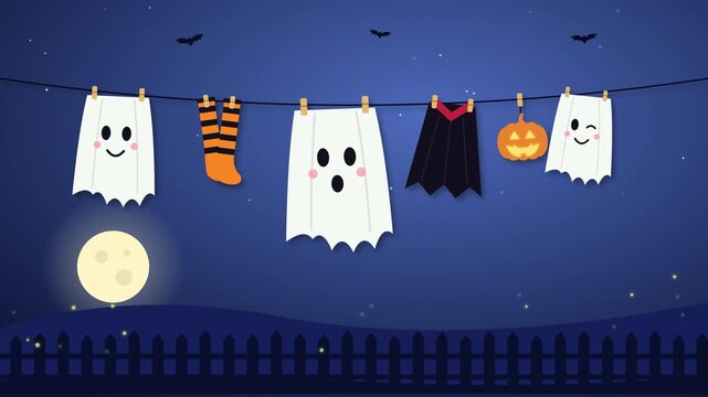 Looping Halloween animation of cute ghost sheets drying on a clothesline with striped stockings, a vampire cape and a jack o lantern. The ghosts sway and blink, bats fly.