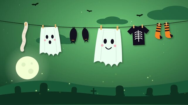 Looping Halloween animation of ghost sheets drying on a clothesline with two sleeping bats, a mummy bandage, a skeleton shirt and striped socks. Bats fly, clouds drift and fireflies glow.