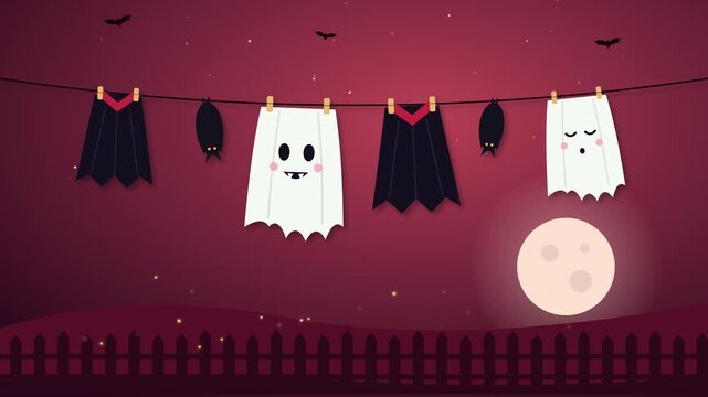 Looping Halloween animation with a vampire theme. Two vampire capes, two sleeping bats, a ghost with fangs and a sleepy ghost sway on a clothesline.