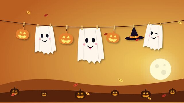 Looping Halloween animation of ghost sheets and three glowing jack o lanterns hanging on a clothesline with a witch hat. Autumn leaves fall over a pumpkin patch on a golden yellow sky.