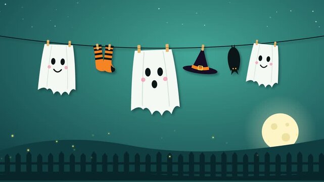 Looping Halloween animation of ghost sheets drying on a clothesline with two sleeping bats, a mummy bandage, a skeleton shirt and striped socks with a witch hat.