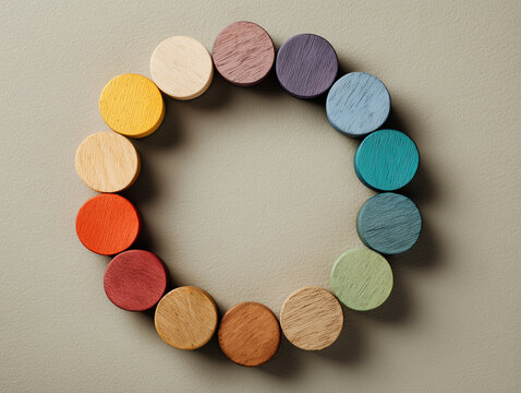 Diverse colored wooden circles arranged into one harmonious circular pattern on a neutral background, symbolic equality, unity and inclusion, sophisticated Martin Luther King Jr. Day visual concept