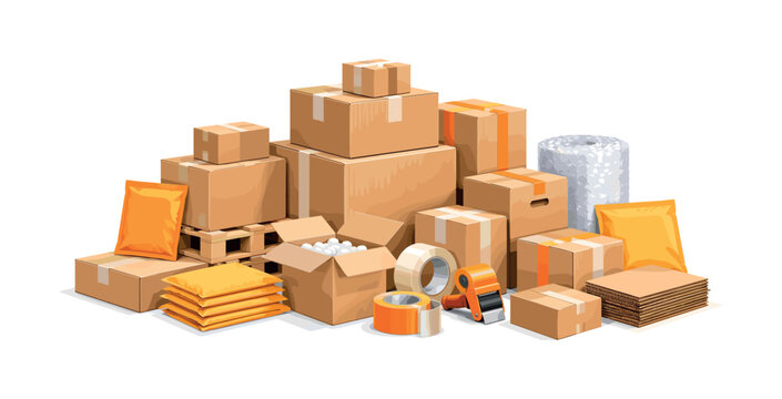 Assorted cardboard shipping boxes and packaging materials for logistics and delivery services