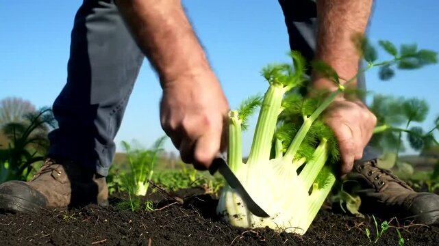 Farmer harvests fresh celery from soil in a sunny outdoor garden using a digging tool